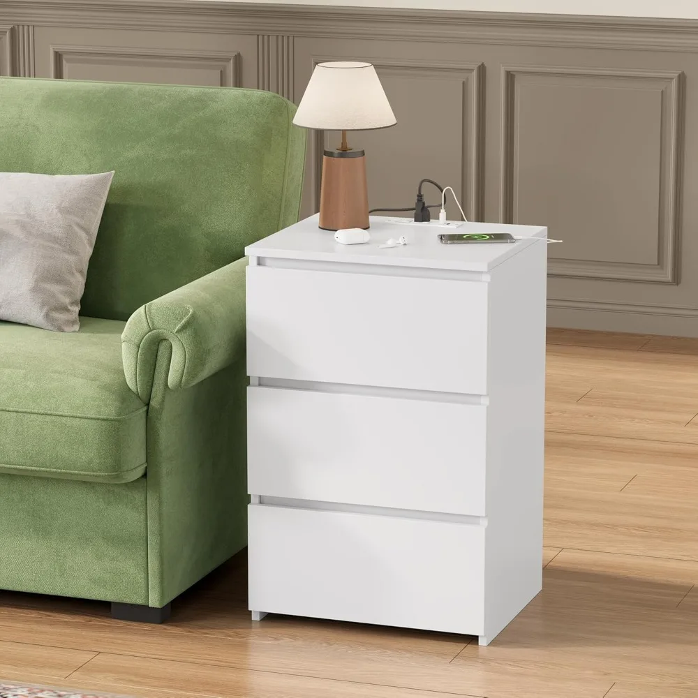 White Nightstand, 26" H White Night Stand with Charging Station, White Nightstand with USB Ports & Power Outlets, Silent Slides 5