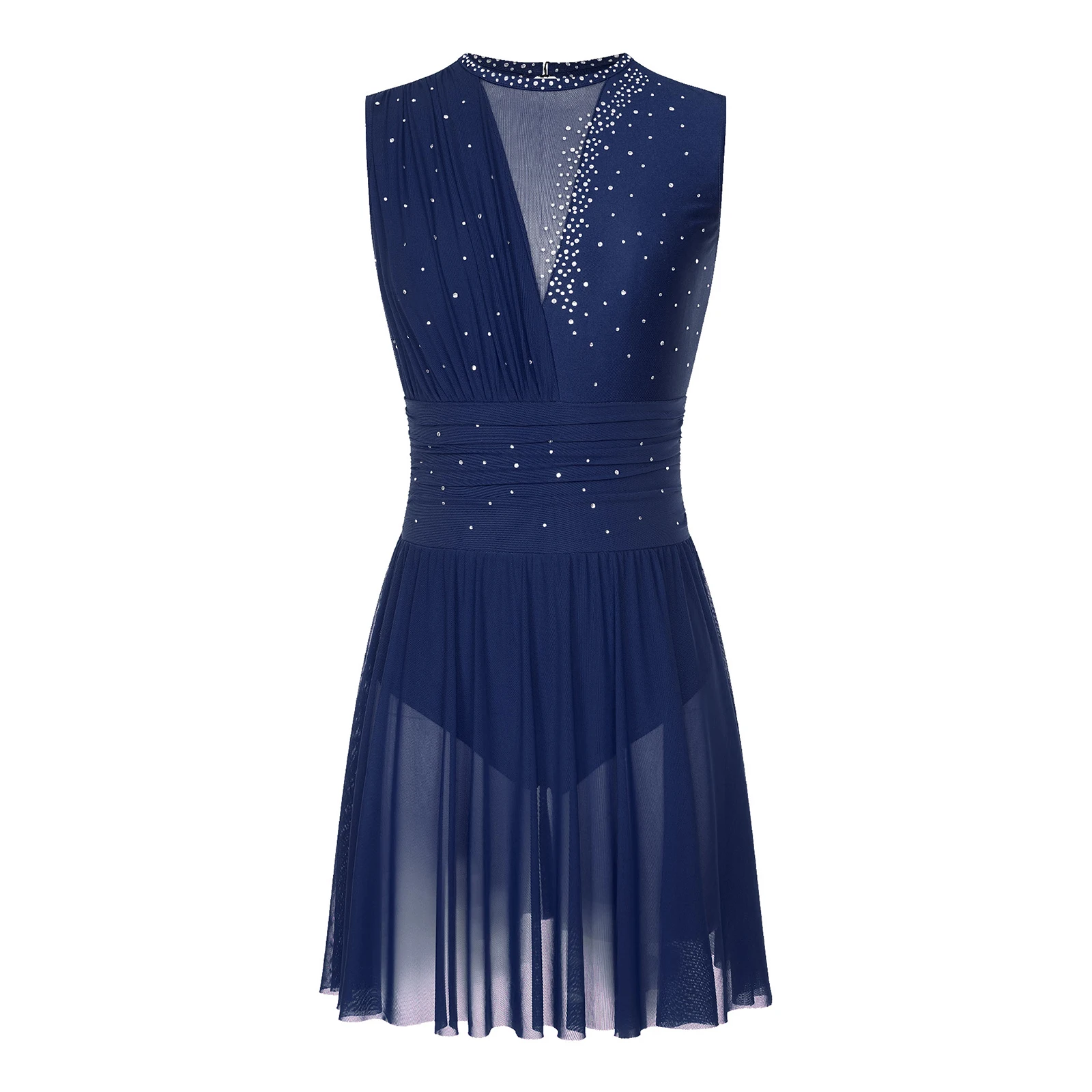 Gerafftes Ballett- und Lyrik-Tanzkleid für Damen, runder Kragen, ärmellos, Strass, rückenfreies Kleid für Bühnenauftritte und Wettbewerbe – Detail 25