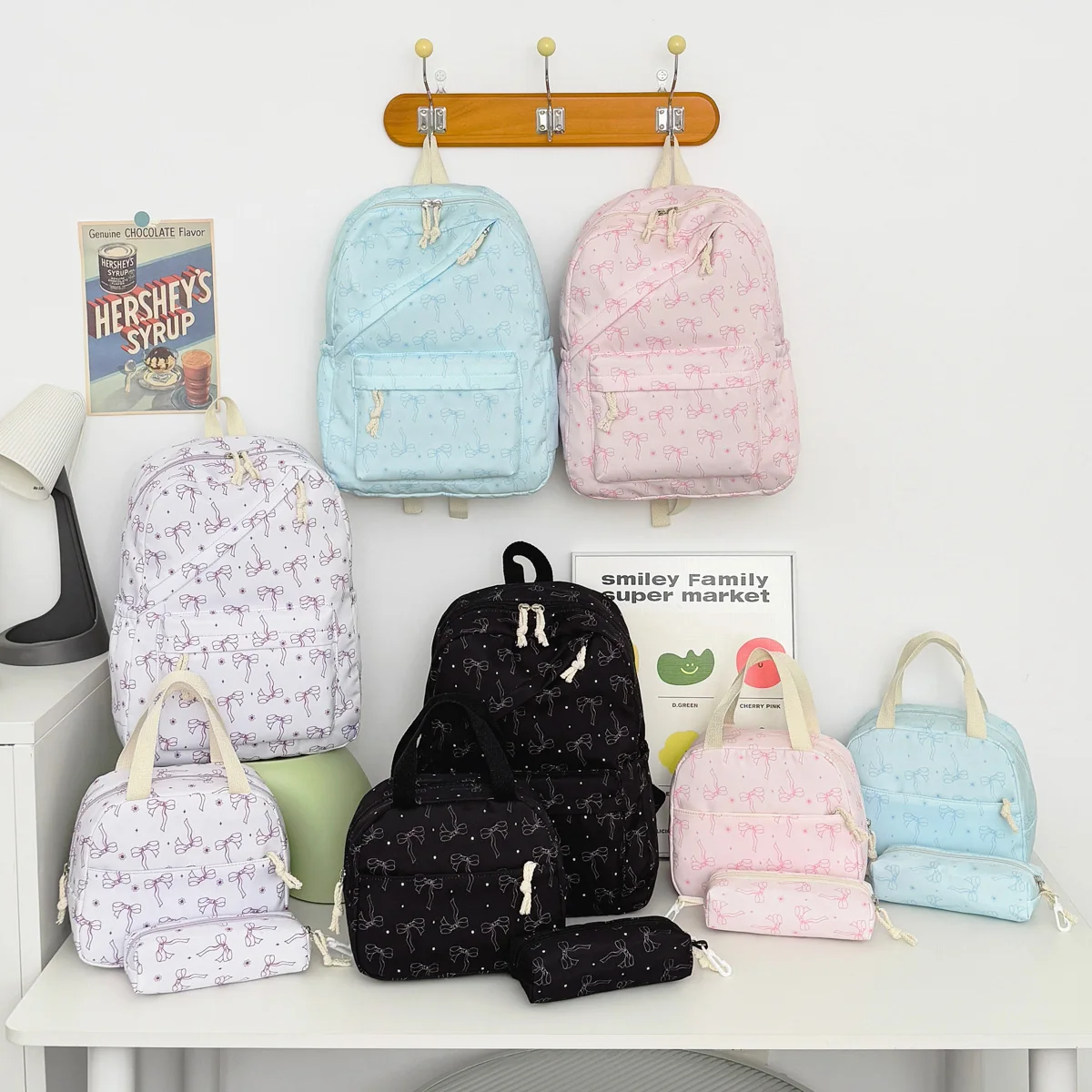 Sweet Girl Style Bow Print Three Piece Backpack Set Nylon Lightweight Large Capacity Backpack Campus Commuting Student Backpack 1