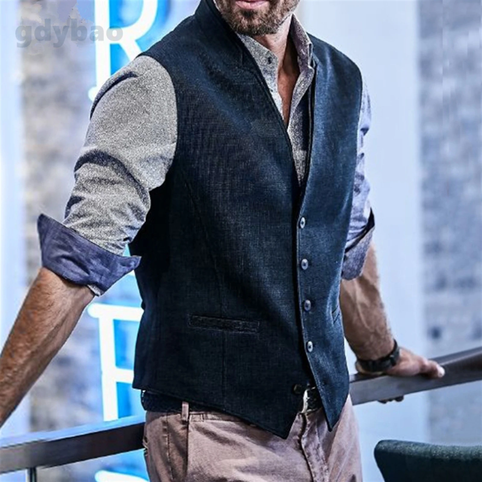 Men's Blue Vests Defacto Mens Tweed Suit Vest Jacket Steampunk Business Waistcoat Plus Size for Man Wedding 4