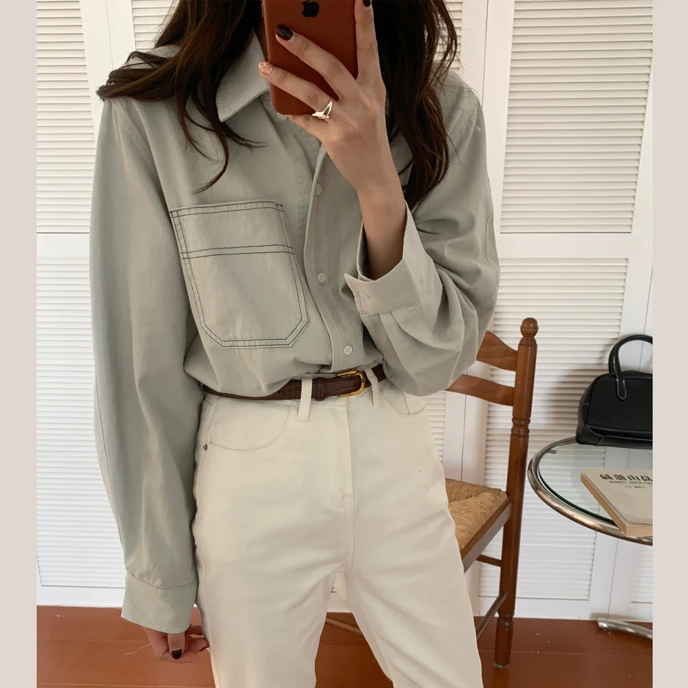 

Women Vintage Cotton Shirts 2022 Spring Bright-Line Decoration Lapel Collar Blouse Single Breasted Outerwear Full Sleeve Tops