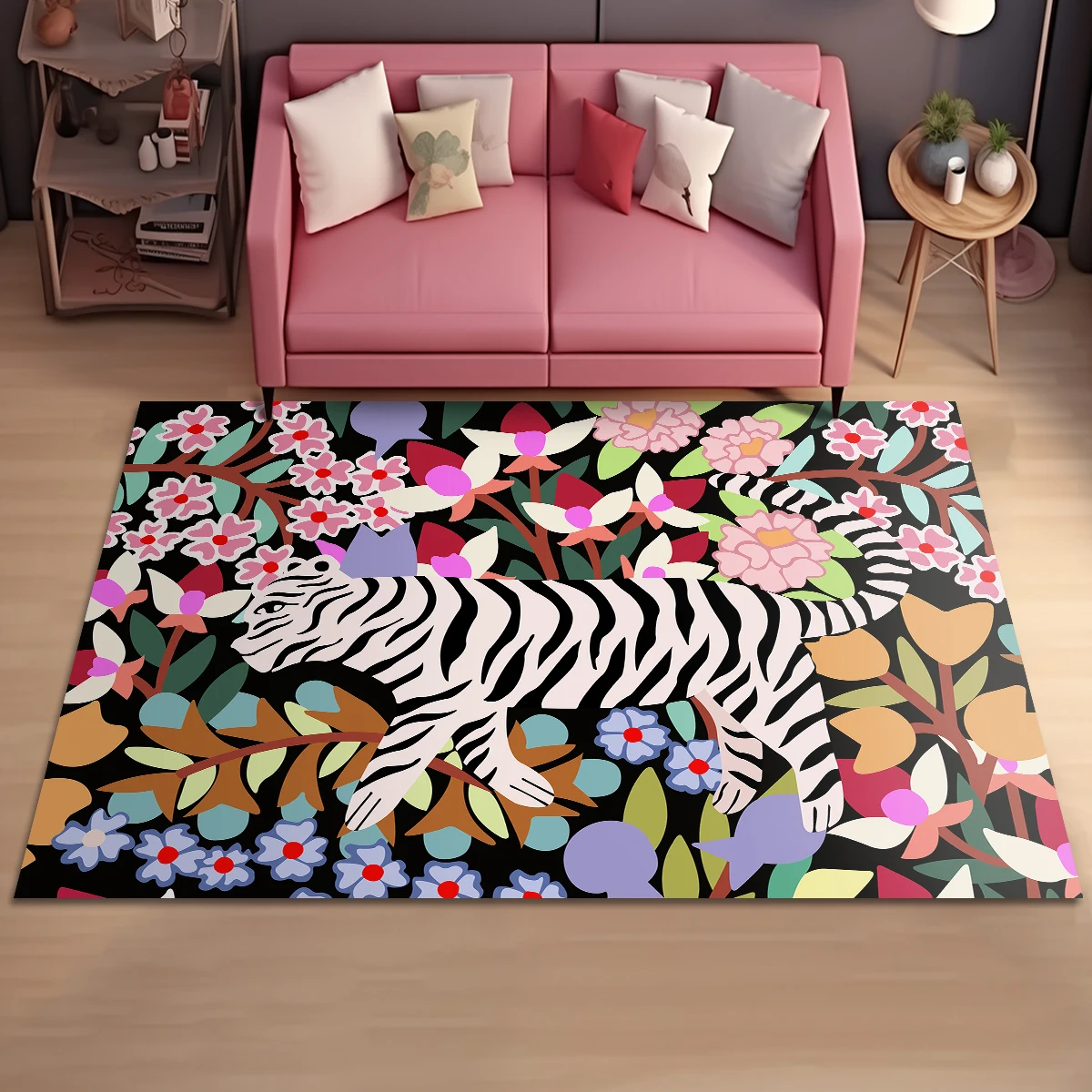 Tiger Floral Design Carpet Living Room Large Size Decor Rug Machine Washable Foldable Rugs Modern Style Soft Cloakroom Floor Mat