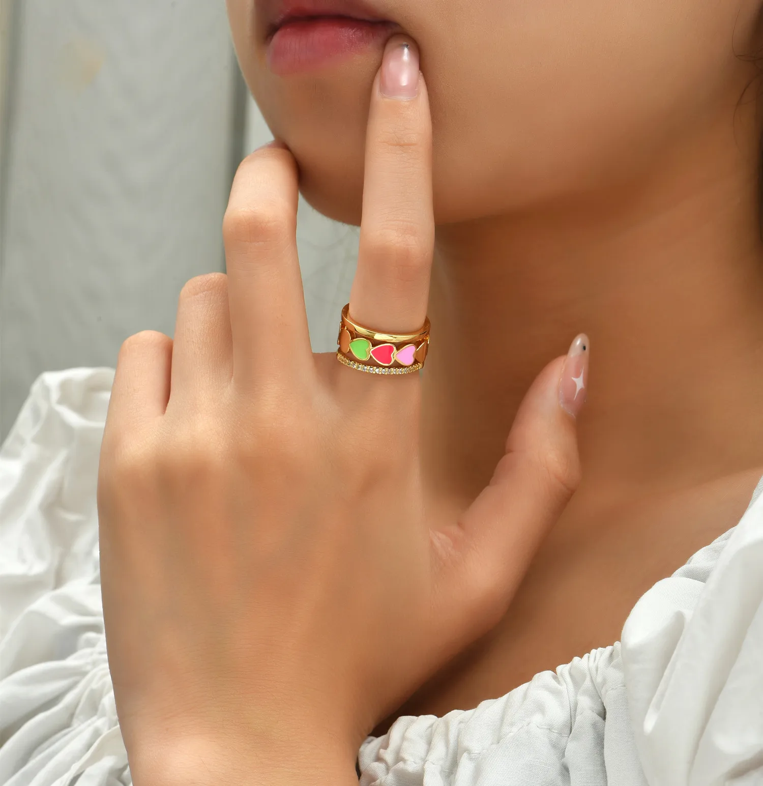 2021 INS Color Rainbow Fashion Rings For Women Finger Jewelry Clear CZ Colorful Neon Enamel Open Adjusted Dome Ring 