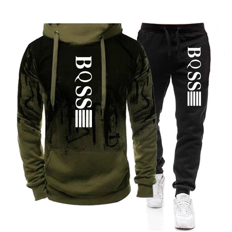 2024 Hot Sale Mens Tracksuit Splash-ink Hooded Sweatshirt+Black Sweatpants High Quality Male Casual Sports Jogging Set Outfits