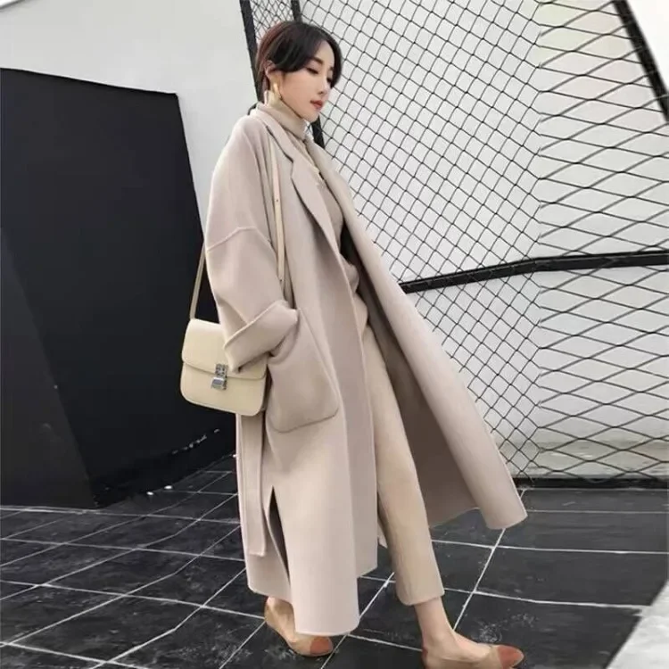 Spring Autumn Abrigos Female 2021 New  Winter Casual Wild Korean Loose Medium Long Woolen Coat Lace Up 2021 deep brown herringbone tweed long coat custom dark brown medium long jacket mid length coats mid length casual winter coat