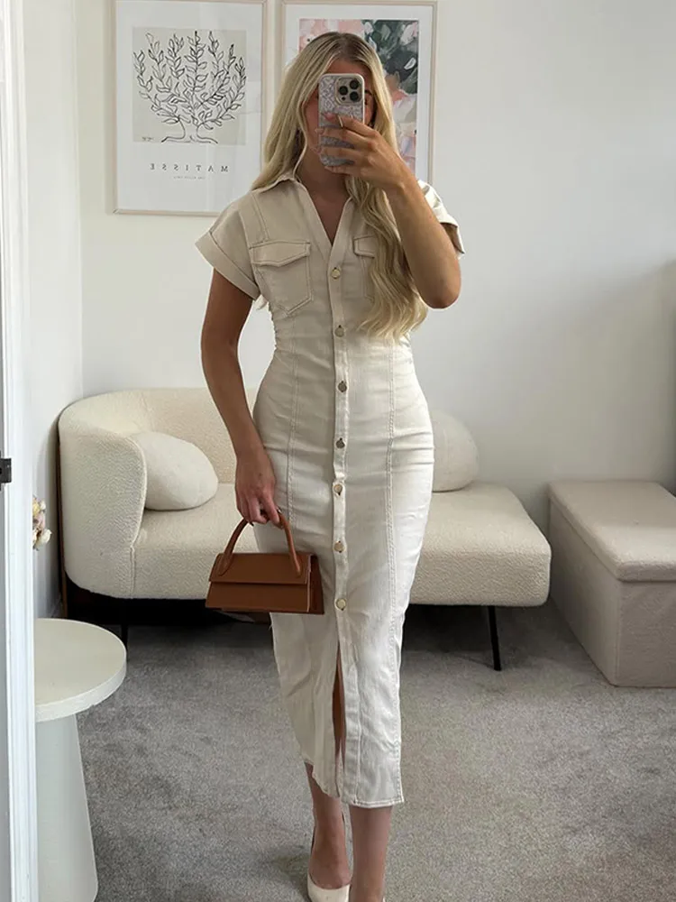 Chic White Lapel Denim Long Dress Women Casual Single Breasted Short Sleeve Slim Maxi Dresses Lady New Summer Commute Robes - AliExpress 200000345 Chic White Lapel Denim Long Dress Women Casual Single Breasted Short Sleeve Slim Maxi Dresses Lady New Summer Commute Robes - AliExpress 200000345