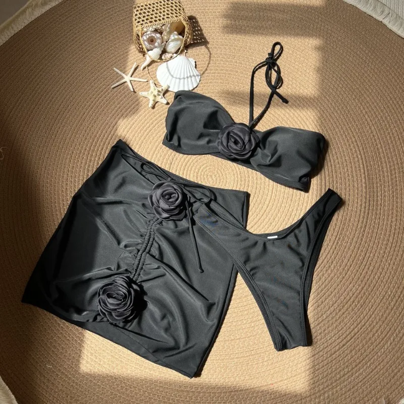 2024 Sexy Women's Tie Halter Swimsuits 3 Pieces Flower Bikini Sets
