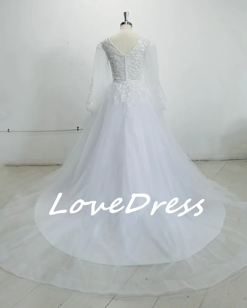 Elegant Deep V-neck Wedding Dresses Beach Long Sleeves Lace Appliques Tulle Floor Length Pleat Bridal Gowns Vestido De Novia 5