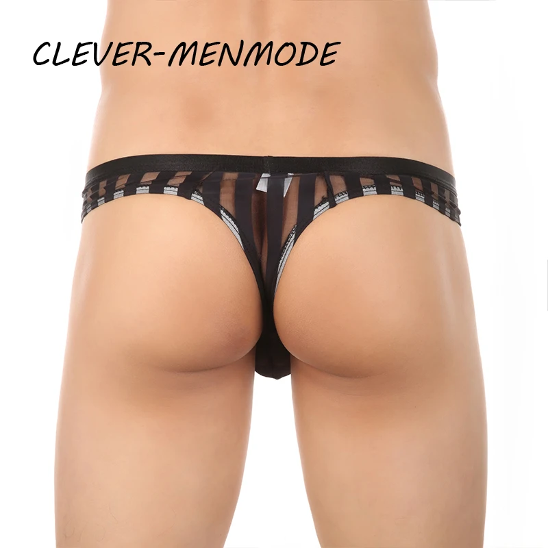 CLEVER-MENMODE Sexy Men's Underwear Transparent See Through Striped Thong Breathable Mesh Bikini U Convex Bulge Pouch Panties male underwear