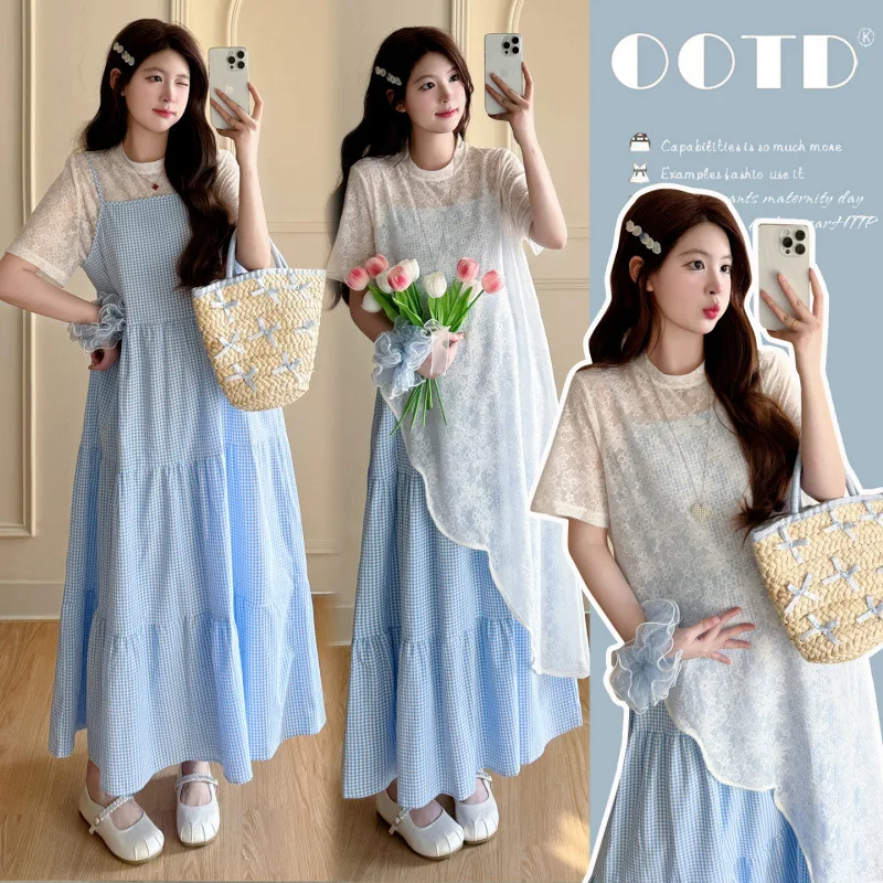 출산복 여름 블루 체크 무늬 스파게티 스트랩 드레스와 레이스 반팔 스모크 투피..