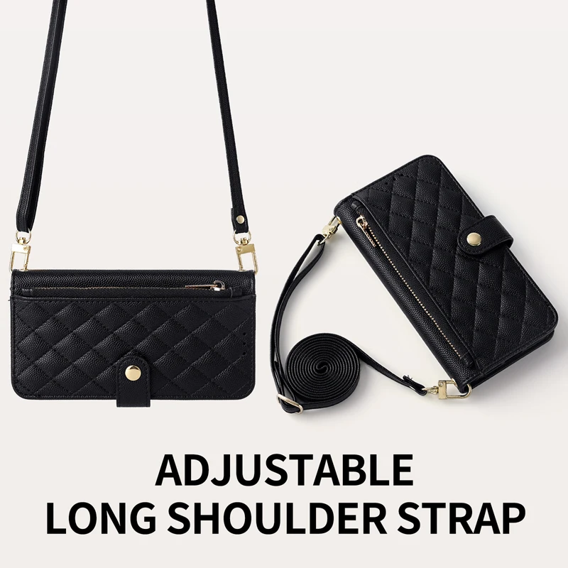 Sleek Crossbody Grid Wallet Case with Stand, Strap, and Mirror - Leather Design with Card & Cash Slots