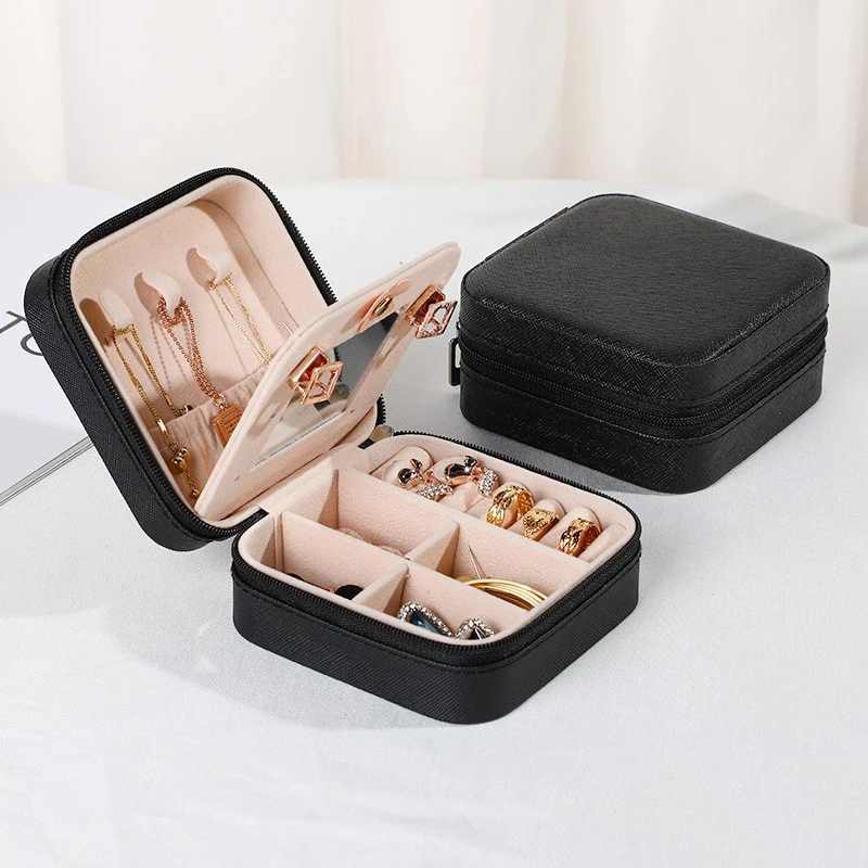 Portable PU Leather Travel Jewelry Case with Mirror and Zippered Organizer