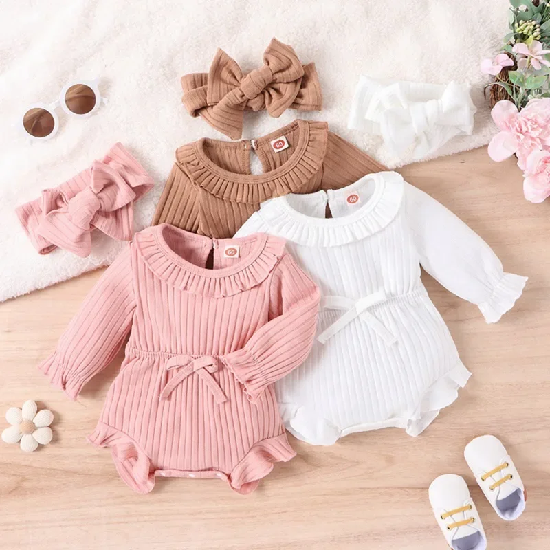 

Newborn Baby Girls Rompers Ruffle Cotton Baby Girl Clothes Spring Summer Solid Jumpsuits Hairband 2pc Outfits Sunsuit Baby 0-2Y