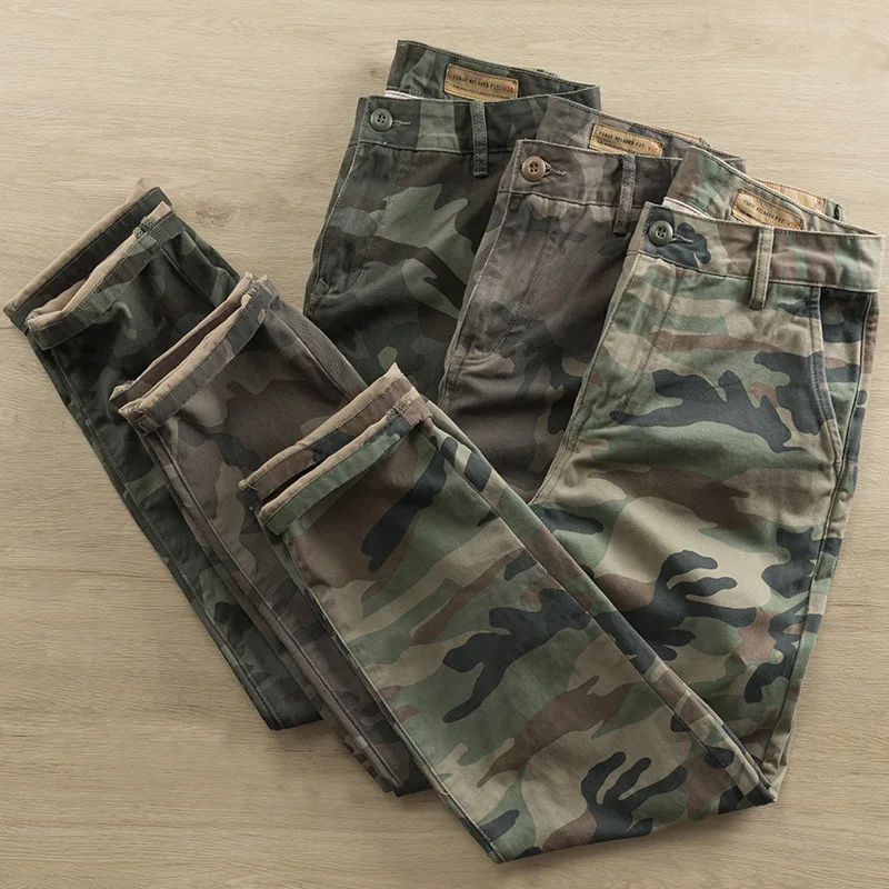

Cargo Military Men's Zipper Retro Straight Foot Joggers Wear Cotton Harem Outer Camouflage Pants Trousers Streetwear Tie