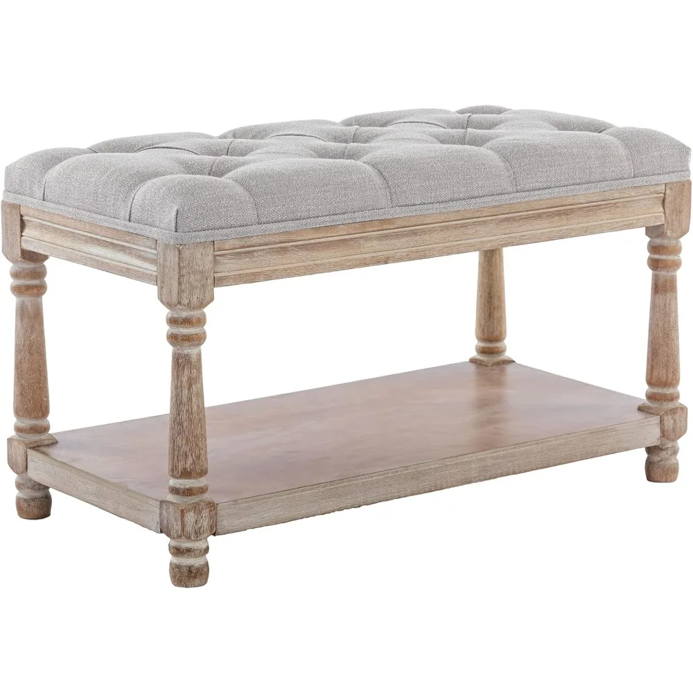 Farmhouse Tufted Storage Ottoman Bench with Shelf, 31.5" Width Linen Upholstered Entryway Shoe Ottoman Foot Stool 3