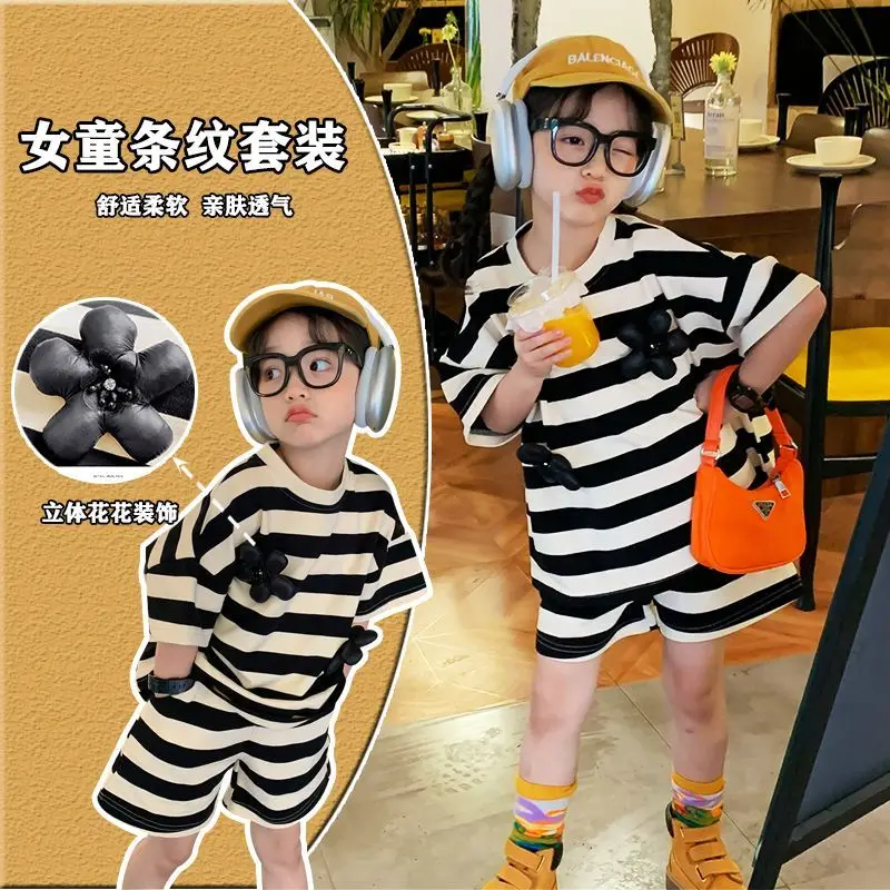 

Girls' Summer Suits 2023 New Casual Striped Suit Two-Piece Children's Shorts