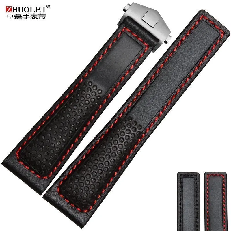 Elegant Cowhide Leather Watchband with Metal Folding Buckle - Black/Red