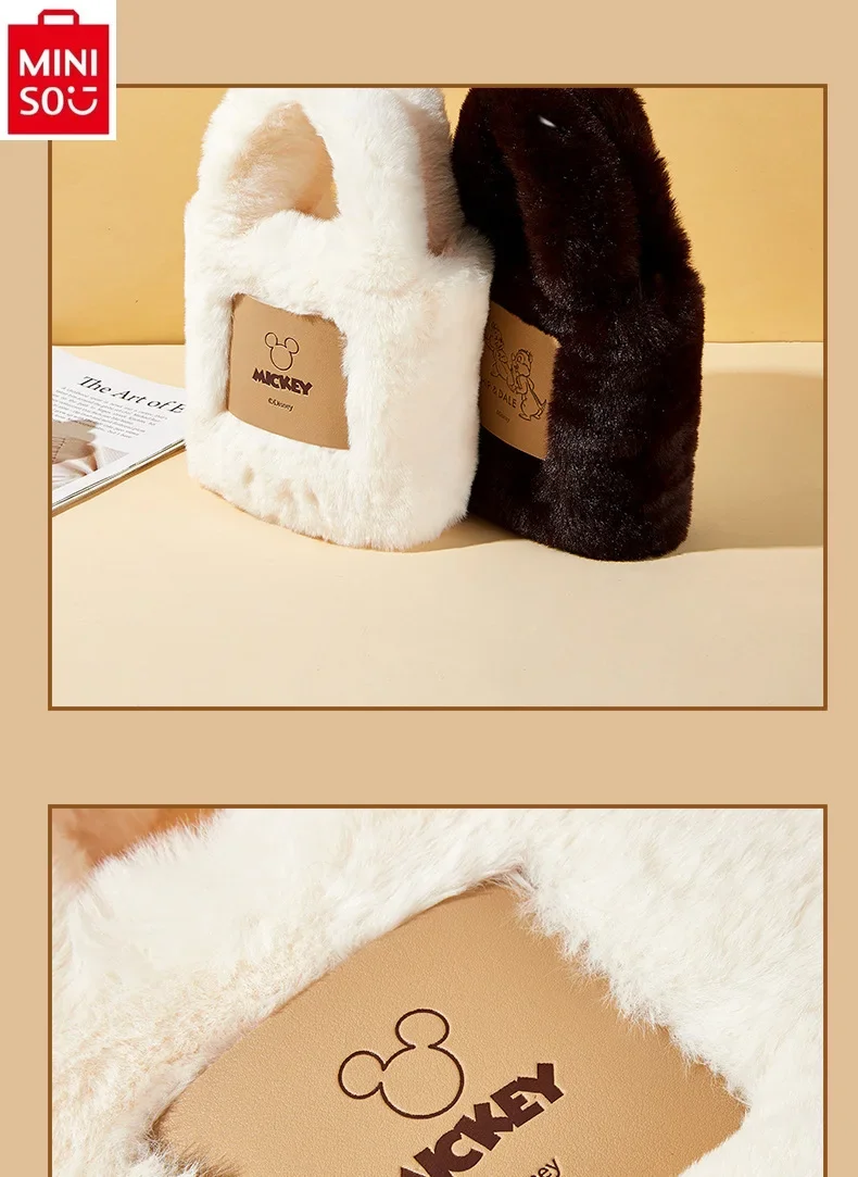 MINISO Disney Fashion High Quality Plush Sweet Storage Bag Small and Portable Mickey Cartoon Print Large Capacity Handbag