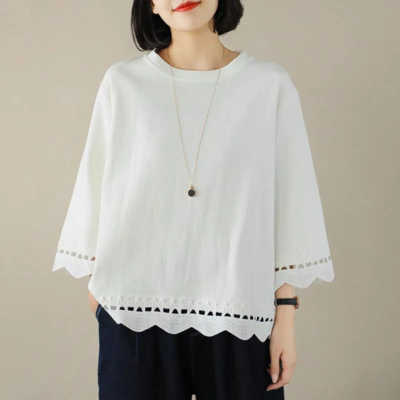 Fashion O-Neck Spliced Ruffles Hollow Out Blouse Women's Clothing 2024 Summer New Oversized Casual Pullovers All-match Shirt