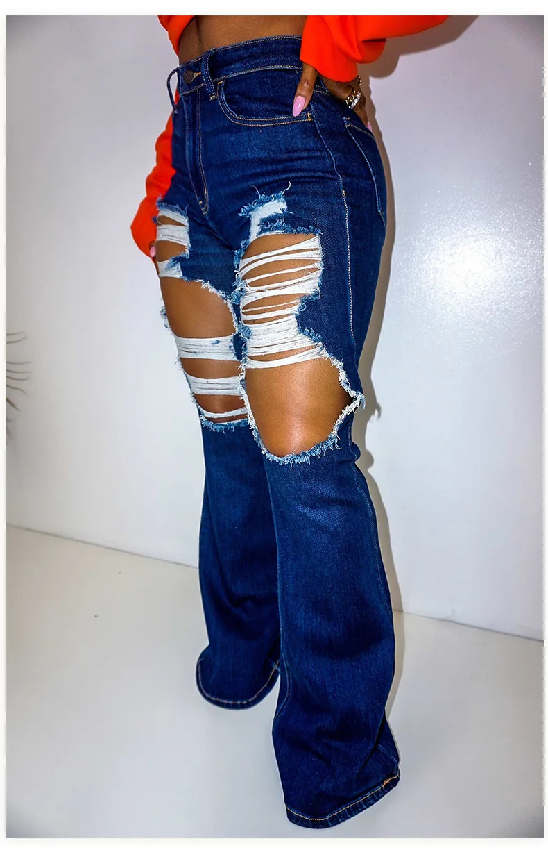 Side Chain Waist Cut Out High Waist Jeans Women Sexy Pockets Wide Leg