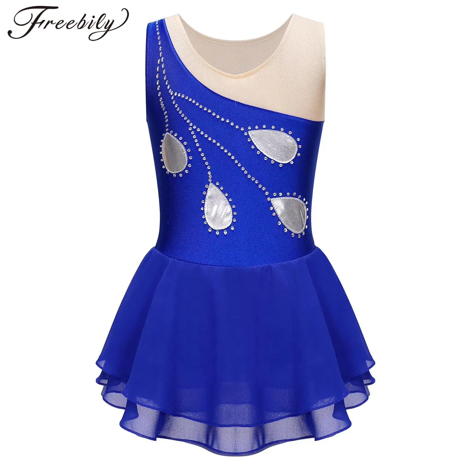 

Kids Girls Figure Skating Dress Sleeveless Shiny Sheer Mesh Patchwork Ballet Dance Dresses Rhythmic Gymnastics Leotard Tutu