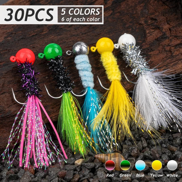 30pcs/set Crappie Jigs Feather Marabou Jigs Heads Hair Jigs for