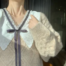 

Retro Hong Kong Style Korean Loose Doll Collar Bow Loose Simple Fashion Trend Gentle Autumn and Winter New Top