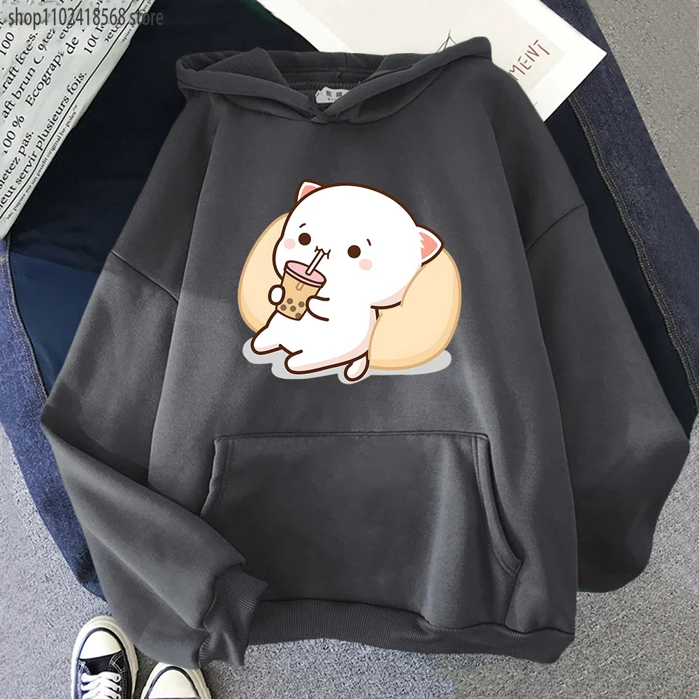 Bubble Tea Hoodies Peach Cat Kawaii Print Sweatshirt Women Harajuku Streetwear Cartoon Pattern O-Neck Top Casual for Men Clothes