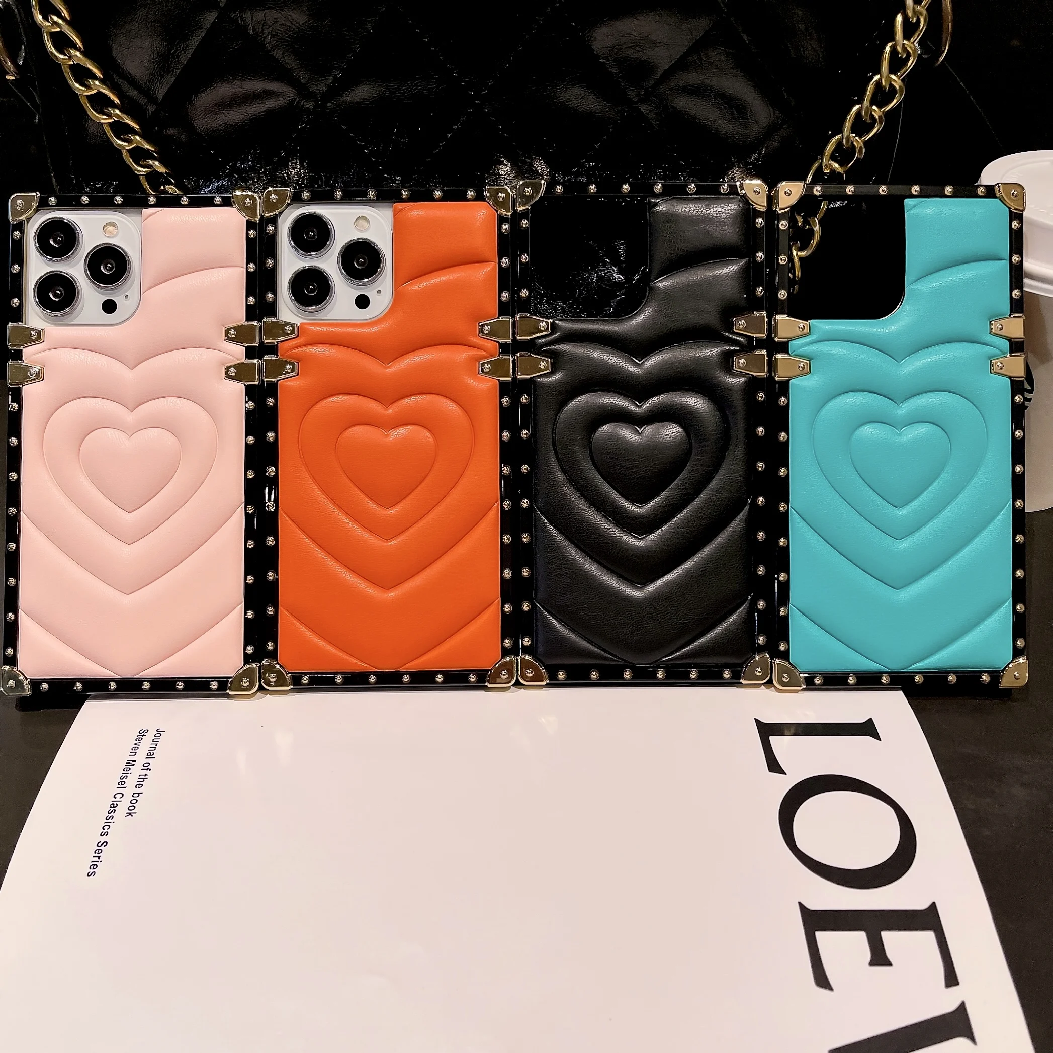 Fashion 3D Love Heart Diamond Ring Holder Square PU Leather Case