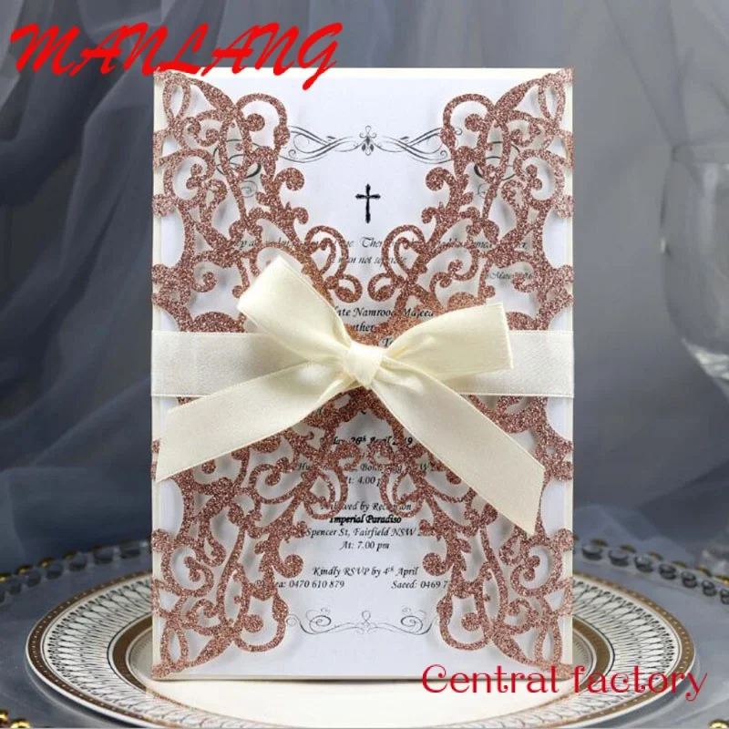 Custom  Custom Make Colors Glitter Wedding Card Laser Cutting Wedding Invitation Cover With Ribbon