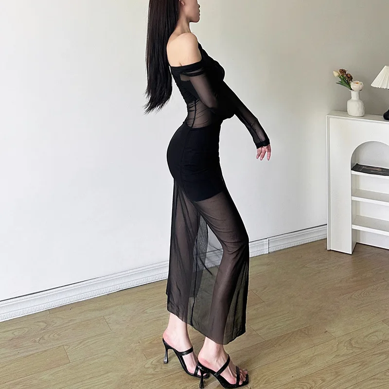 Black Dresses Women Elegant Solid Color See Through Round Neck Long Sleeve Split Party Dress Club Dresses Streetwear
