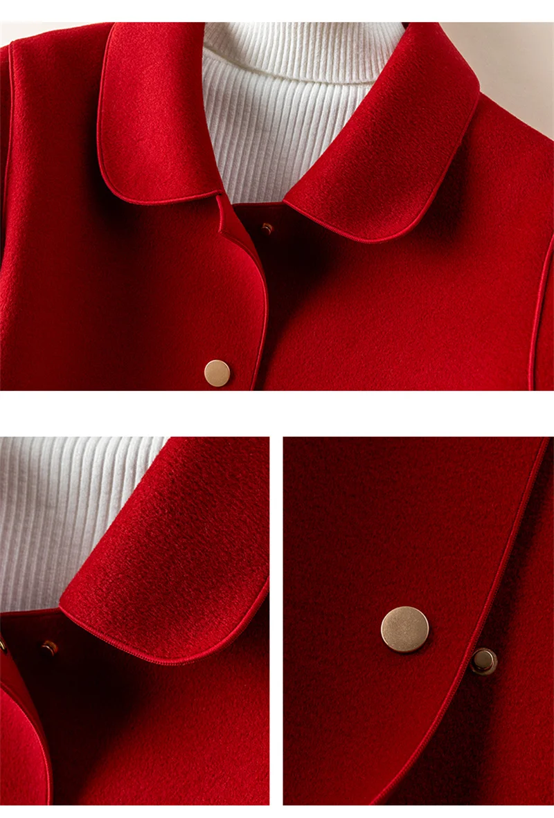 High-Quality Double-Sided Woolen Coat For Women 2024 New Short Temperament Doll Neck Mother's Outfit Woolen Coat Female Red Came