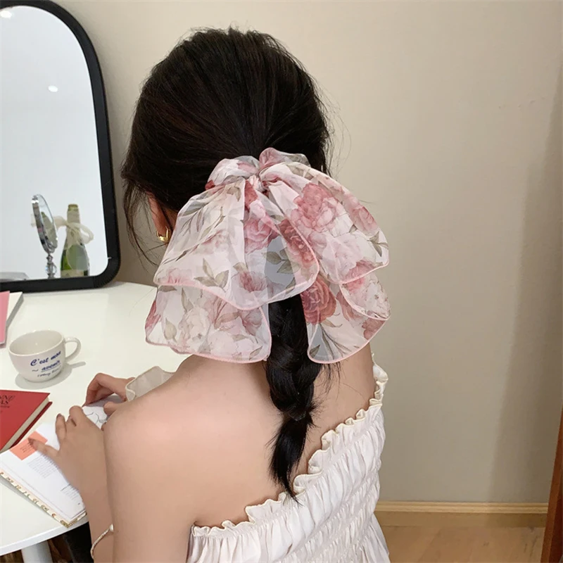 

Korean Woman Romantic Flower Ribbon Elastics Hair Band Ladies Elegant Scrunchies Hair Ties Ponytail Holder Girls Hair Accessorie