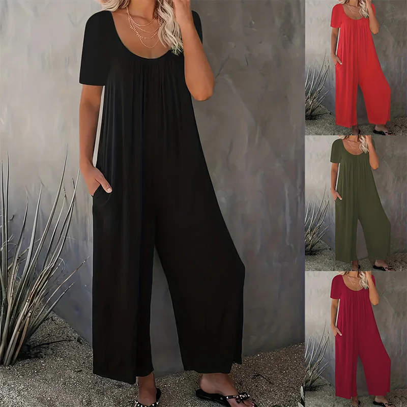 877662-7e0457.jpg Plus Size 0XL-5XL Summer Rompers Overalls Women's Solid Color Jumpsuit with Pockets Casual Fashion Short Sleeve Jumpsuits - Image 1