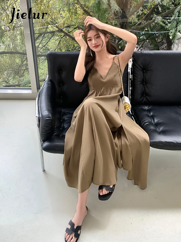 

Jielur Solid Color Spaghetti Strap Women's Dresses V-neck Slim Female Dresses Spring Summer New Fashion Elegant Evening Dress