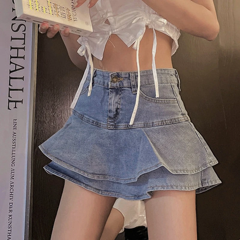 Sexy Chic Ruffles Design Denim Skirt Woman Spring Summer Sweet Cute Trumpet Skirts Fashion Ins High Waist A Line Jupe Femme skater skirt