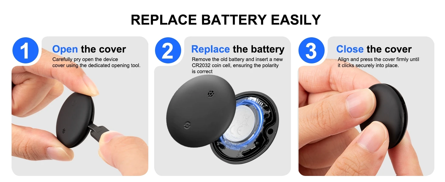 Text reads 'REPLACE BATTERY EASILY'. Step-by-step instruction images showing battery replacement process with numbered steps 1-3.