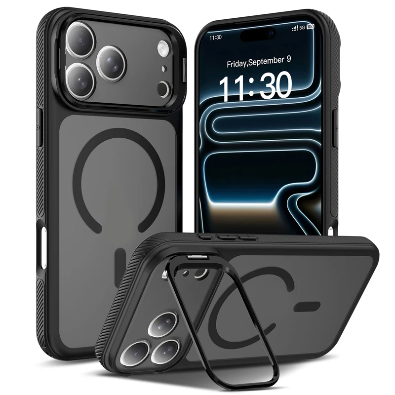 Magnetic Matte Translucent Hard Phone Case with Metal Camera Lens Stand