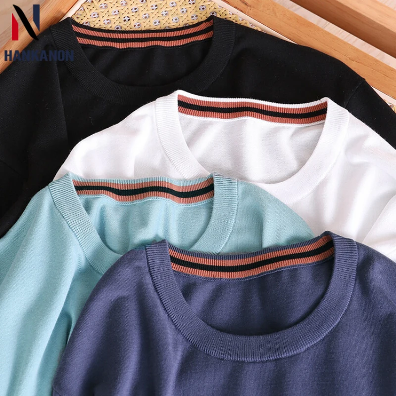 

Однотонный мужской трикотажный свитер с круглым вырезом и коротким рукавом, приталенная Мужская футболка 2024, повседневные топы, эластичная Базовая рубашка, 4xl-M