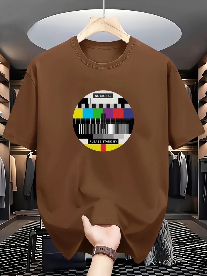 Men's summer 100 pure cotton fashionable casual loose oversized retro TV pattern printed sports round neck short sleeved T-shirt