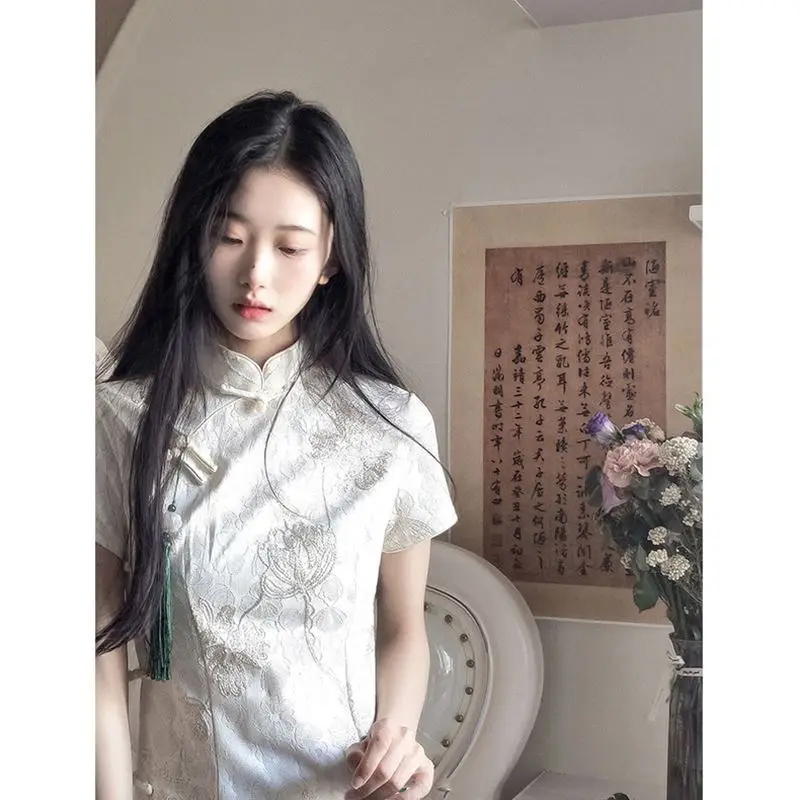 Qipao amélioré de style chinois pour femme, robe Jacquard blanc