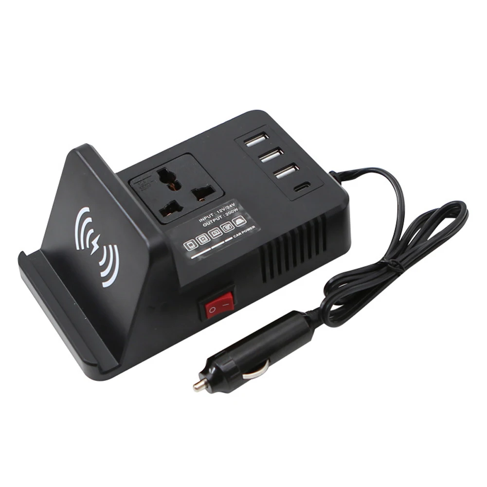 12V/24V에서 220V로 변환하는 차량용 파워 인버터 다중 USB 타입 C 포트 무선 충전 200W 출력 자동차 차량 충전 어댑터