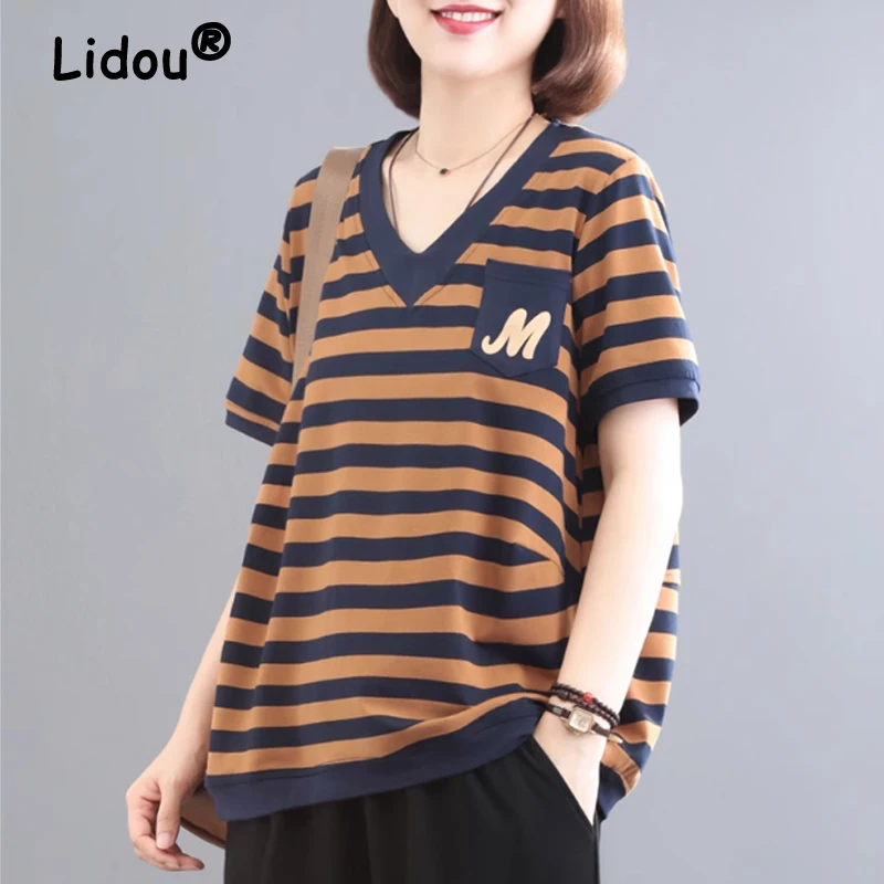 

Women's Summer Vintage Striped Print Streetwear Oversized T-shirts Casual V Neck Short Sleeve Tees Y2K Cotton Tops Ropa De Mujer