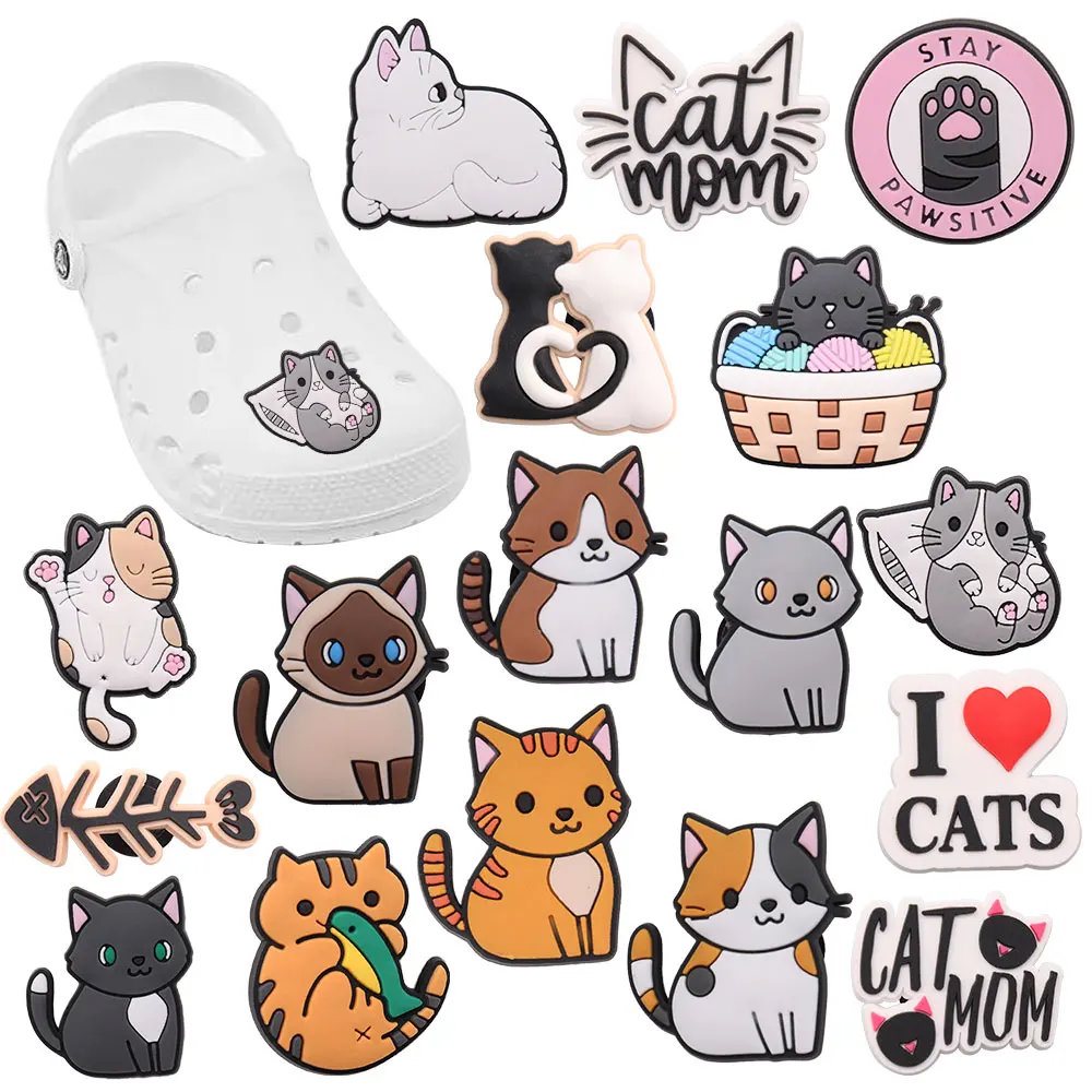 

Sell Retail 1-17pcs PVC Shoe Charms Animal Cute White Cat Fish Bone Accessories Shoes Buckles For Croc Jibz Kids Party Present