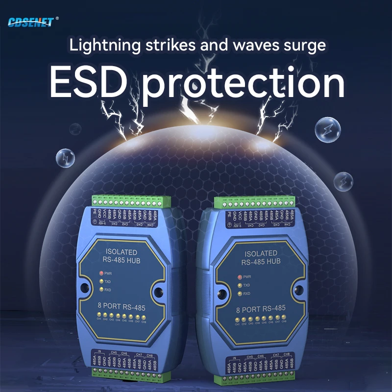 산업용 등급 CDSENET E810-R18 전원 신호 절연 ESD 보호, 고속 레일 장착, 8 웨이 RS485 리피터, DC 9-40V