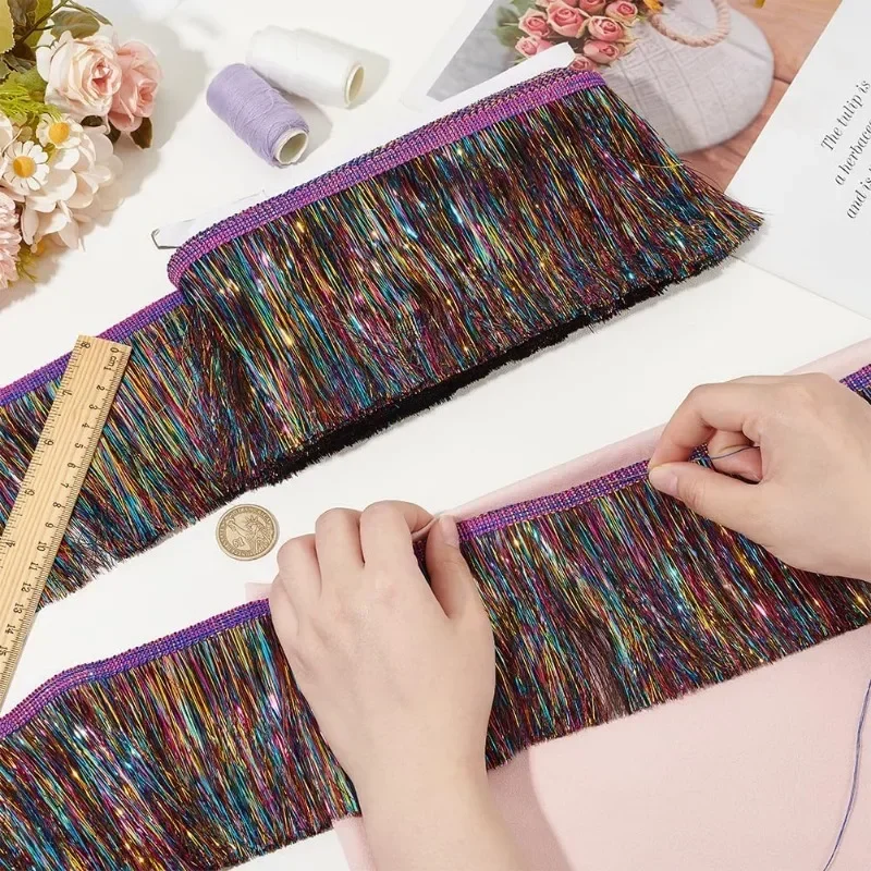 10.9 Yards Metallic Fringe Trim 4-1/8 inch Wide Polyester Fringe Ribbon Trim Colorful Tassel for Sewing Tinsel