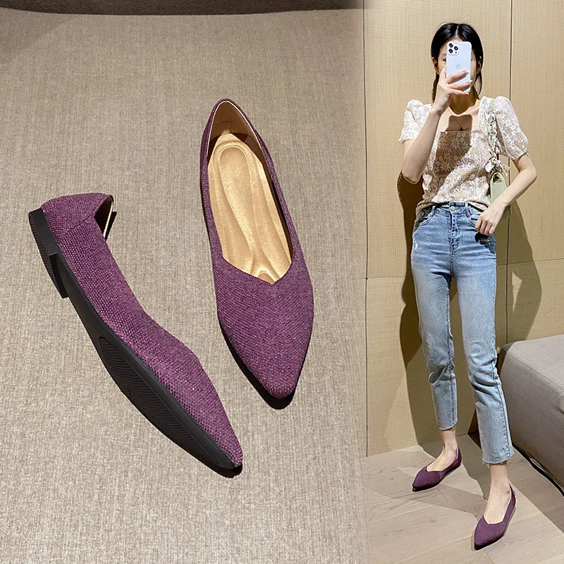 Stretch Knit Ballet Flats Women Loafers 2022 Spring Breathable Flat Shoes Women Fashion Casual Pointed Toe Boat Shoes Female