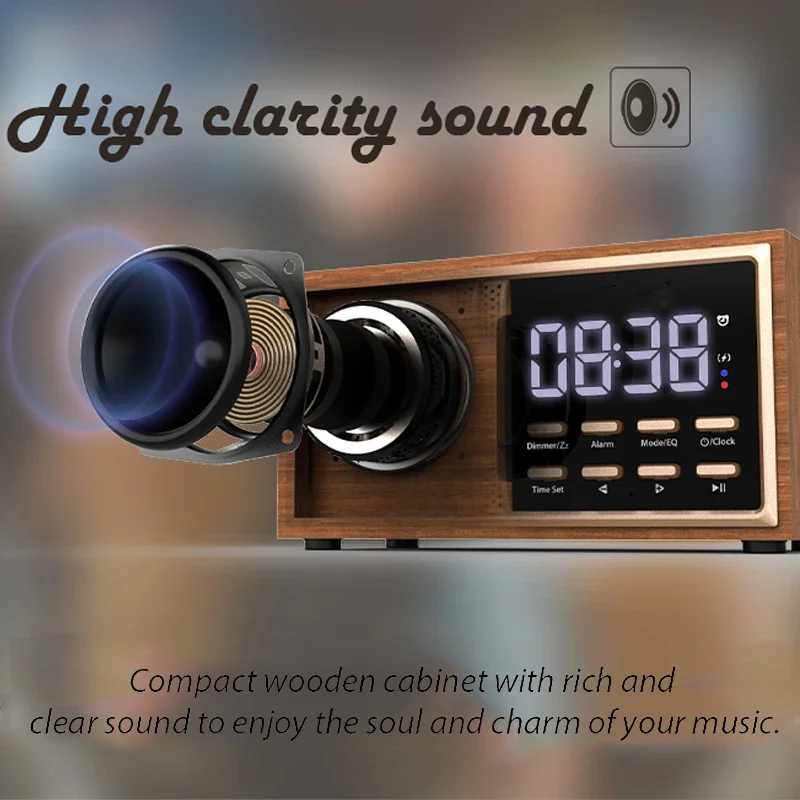 Mini Portable Woode Retro FM Radio Wireless Charger Bluetooth Speaker Handsfree Call Music Player Support Alarm Clock TF USB AUX