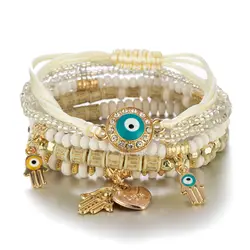 Bohemian Evil Eye & Heart Charm Beaded Bracelet Set - 6 Piece Jewelry Gift Collection (2)