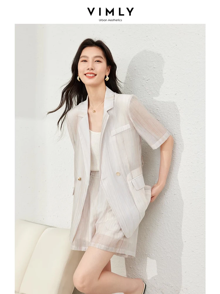 Vimly Thin Lyocell Blend Blazer Suit Women Summer Outfits 2024 Short Sleeve Suit Jacket Elastic Waist Shorts Two Piece Set 30076